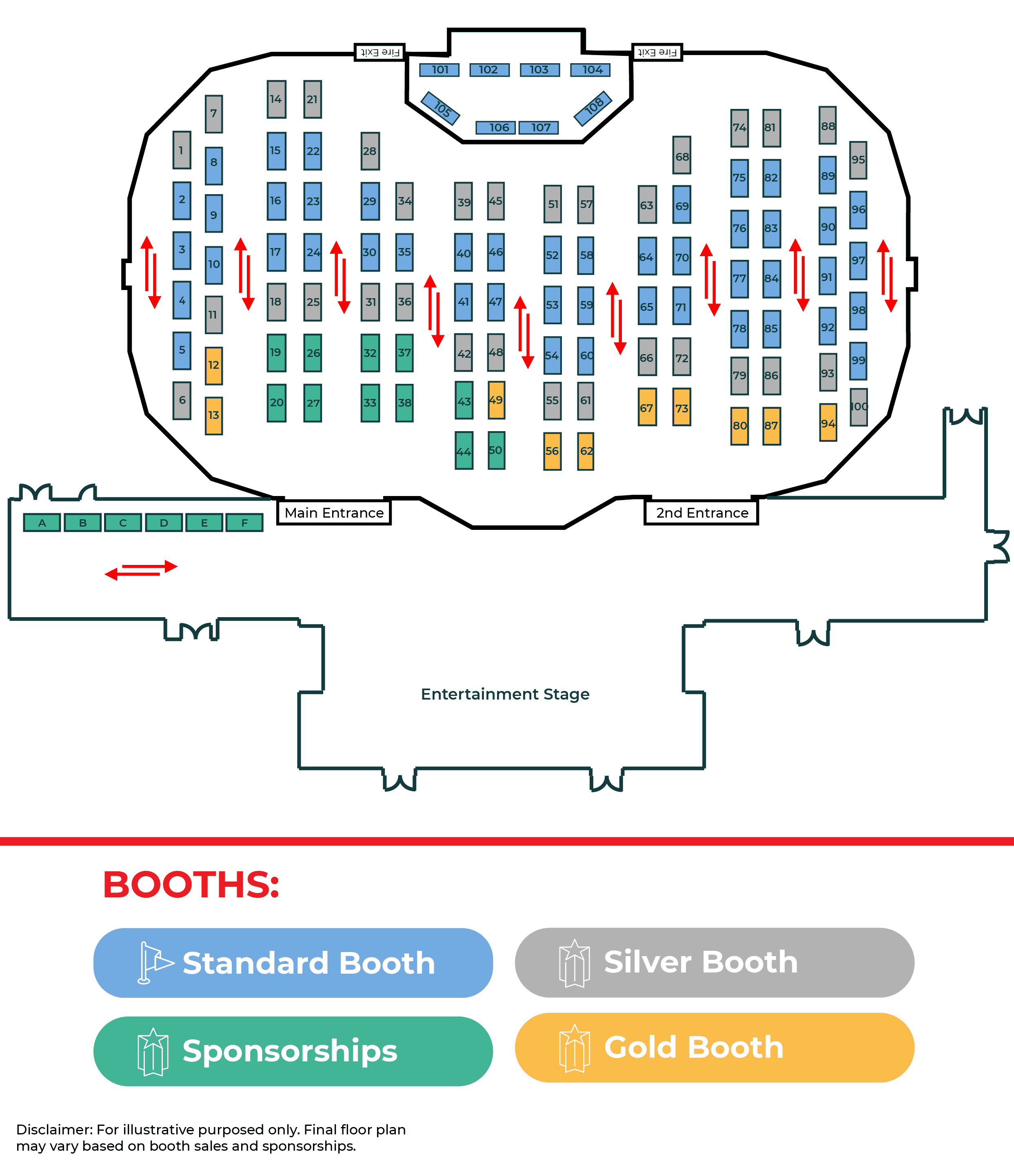 Second Half Expo exhibitor floor plan: 108 booths plus a sponsorship row, color-coded by tier